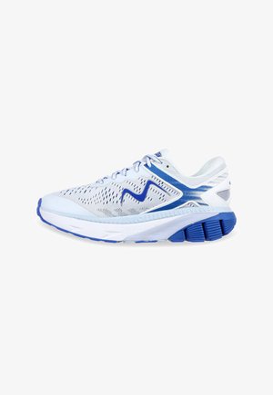 White athletic shoe with blue accents, mesh upper, and textured sole. Features prominent perforations and a curved design for ventilation.