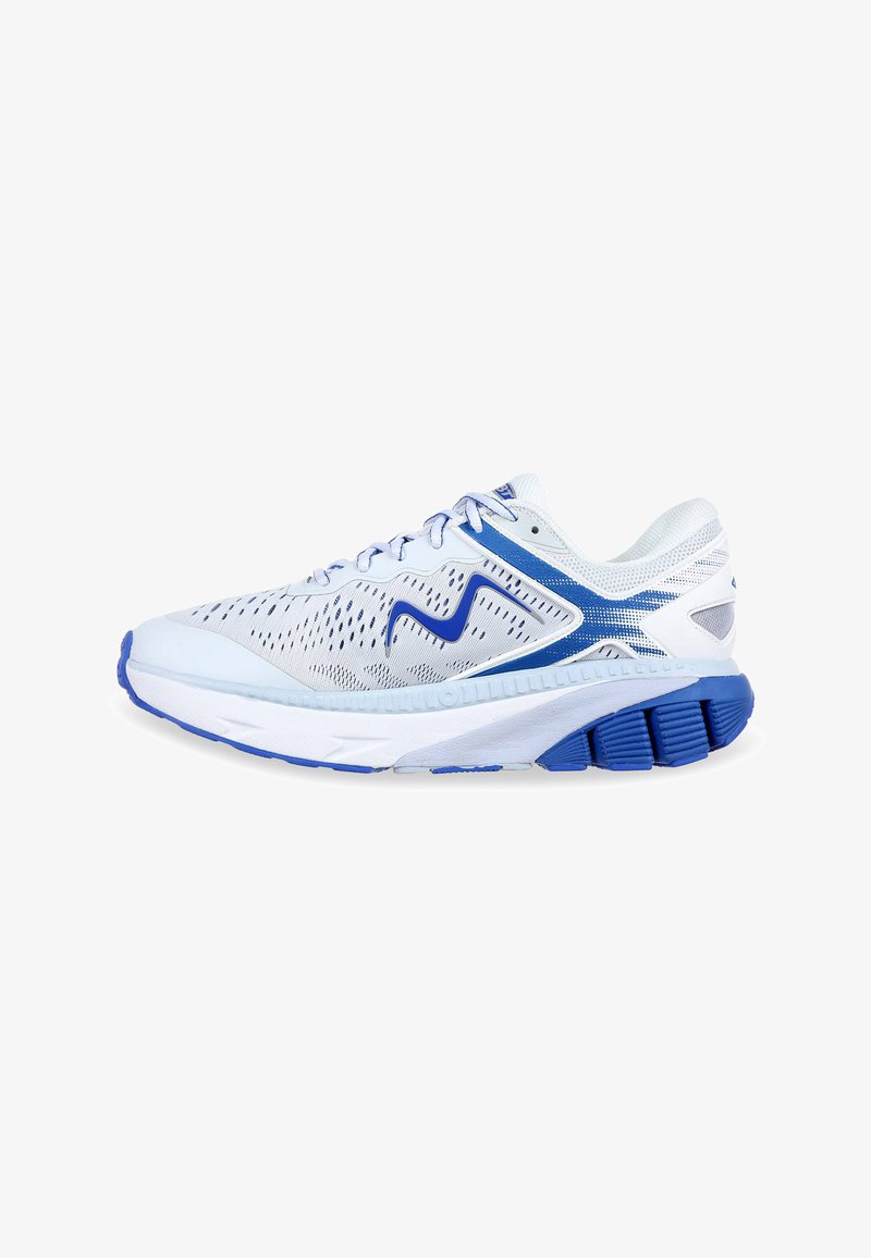 White athletic shoe with blue accents, mesh upper, and textured sole. Features prominent perforations and a curved design for ventilation.