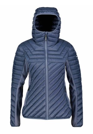 Chaqueta acolchada para mujer en azul marino, con capucha, cremallera frontal completa, bolsillos laterales con cremallera y paneles en las mangas en contraste.