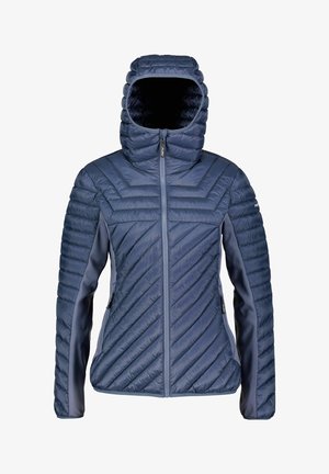 Granatowa pikowana damska kurtka z kapturem, pełnym przednim zamkiem, bocznymi kieszeniami na suwak oraz kontrastowymi panelami na rękawach.