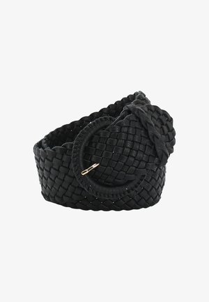 Black woven leather belt with a circular buckle, featuring a braided design and smooth texture. Accented with a gold-tone hardware detail.