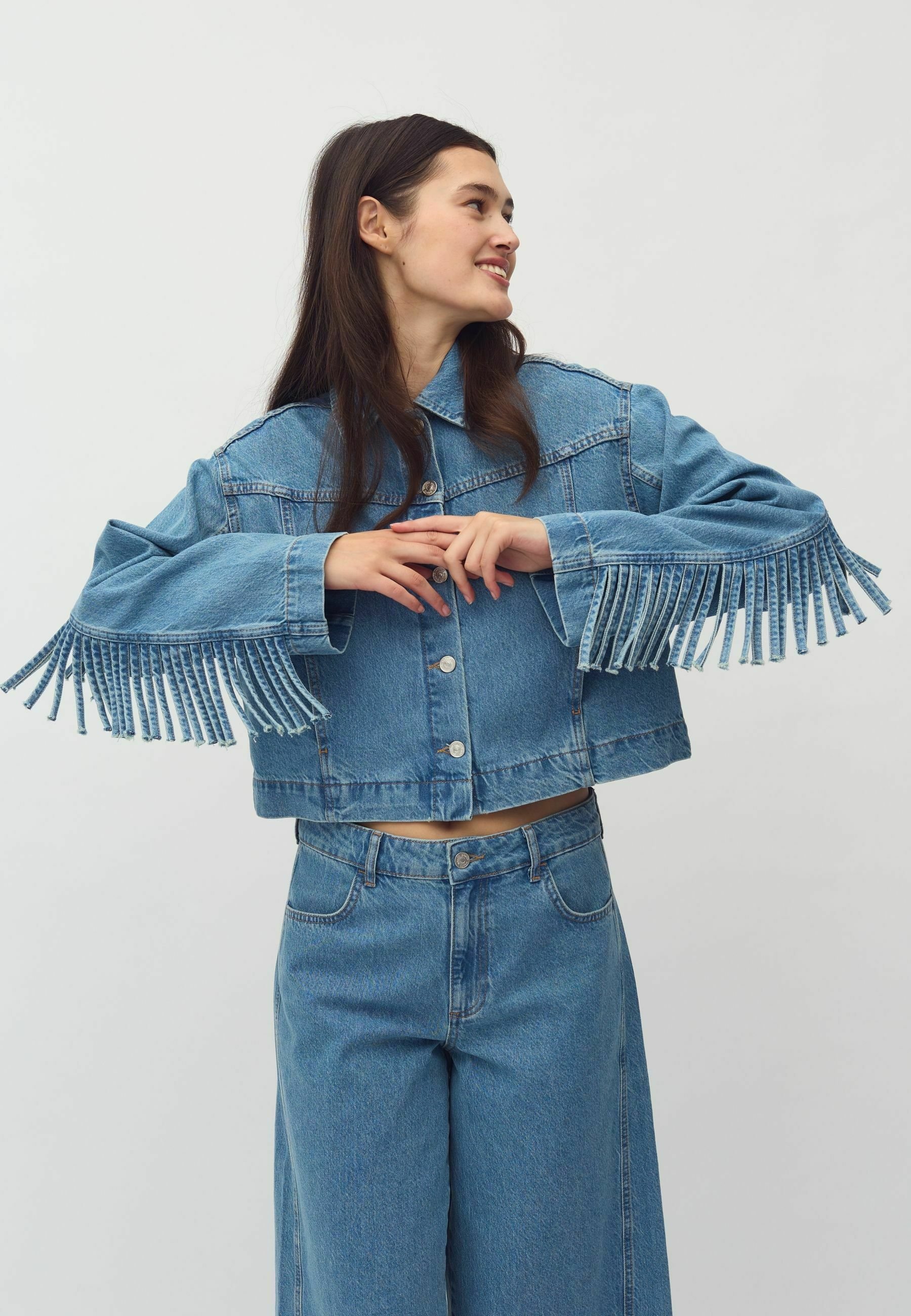 Veste en jean à strass avec un ourlet brut - Bleu - Taille M