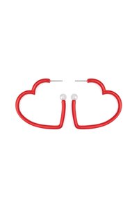 Red heart-shaped earrings made of flexible material, featuring silver-tone studs at the base of the heart. Smooth texture with glossy finish.