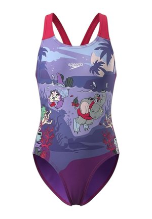 Costume intero Speedo viola e rosa con personaggi dei cartoni animati sott'acqua, coralli e sagome di palme sul davanti.