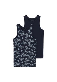 Deux débardeurs : l'un bleu marine, l'autre avec un imprimé manette de jeu et le texte "GAME OVER", tous deux en coton doux avec une texture lisse.