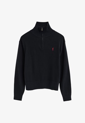 Black long-sleeve sweater with half-zip collar and small red embroidered polo player logo on the left chest.