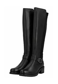 Botas negras hasta la rodilla con un acabado de cuero suave, hebilla de acento lateral y un tacón bajo apilado para mayor estabilidad. Panel interior texturizado.