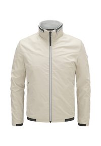 Hellbeige, leichte Jacke mit hohem Kragen, Frontreißverschluss, Seitentaschen und grauem Netzfutter, mit minimalistischem Design und dezentem Branding.