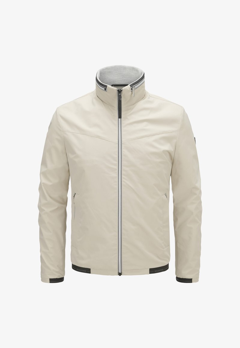 Hellbeige, leichte Jacke mit hohem Kragen, Frontreißverschluss, Seitentaschen und grauem Netzfutter, mit minimalistischem Design und dezentem Branding.