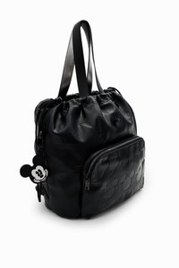 Black faux leather backpack with gathered top, circular patterns, front zip pocket, and a Mickey Mouse charm attached.
