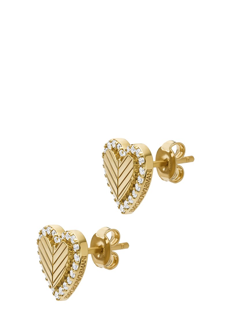 Guld hjärtformade studs örhängen med ett bladmönster, omgivna av små klara kristaller, med en polerad yta och stiftfäste.