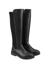 Schwarze kniehohe Stiefel aus einer Kombination von glattem Leder und strukturiertem Stoff, mit einem dezenten Logo an der Seite und robusten Gummisohlen.