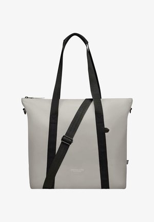 Szara torba na ramię wykonana z trwałego materiału, z czarnymi paskami i zamkiem błyskawicznym. Na przodzie widnieje logo "GASTON LUGA STOCKHOLM".