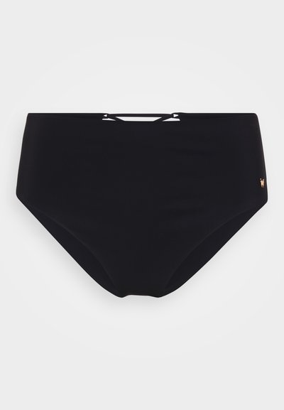 Bottom de bikini negru cu talie înaltă, realizat dintr-un material neted, având un design decupat la talie și un mic accent cu logo de aur.