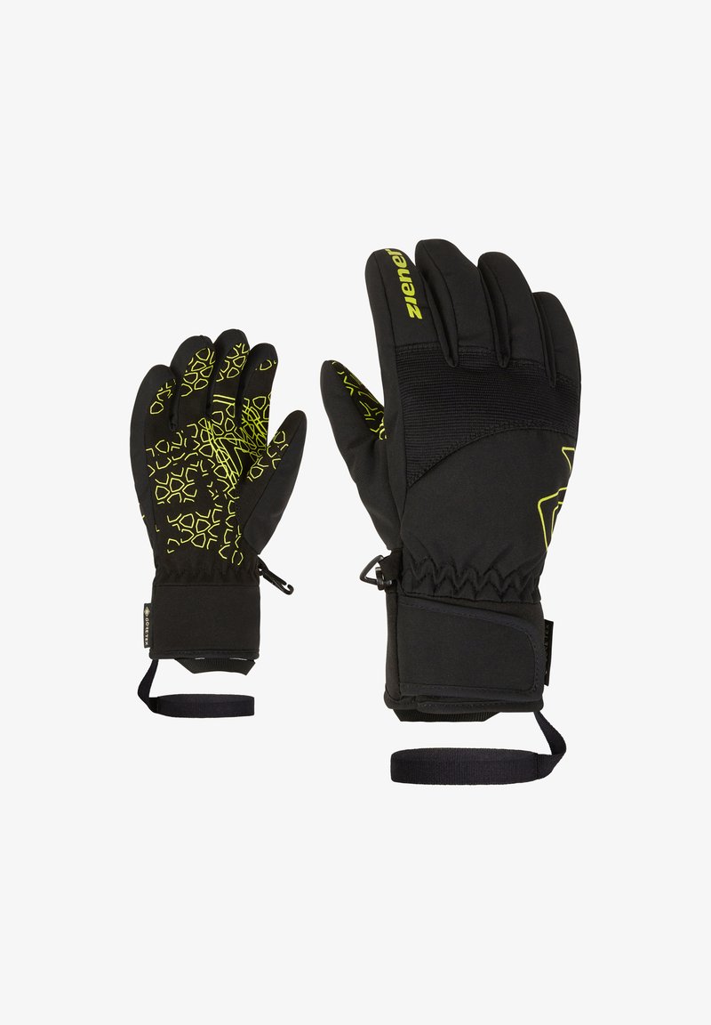 Schwarze Handschuhe mit gelben Akzenten, strukturiertem Handflächenbereich und verstellbaren Handgelenkriemen. Hergestellt aus strapazierfähigen Materialien und mit einem wetterfesten Design.