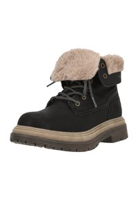 Svarta vattentäta anklarstövlar med en beige imitationspälsdetalj, beige gummisula, metallöglor för snörningen och texturerade svarta snören.