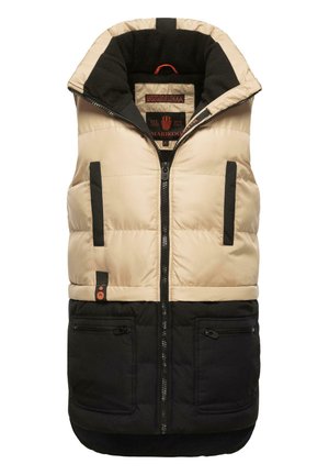 Bēšas un melnas pūkainas veste ar augstu apkakli, ar rāvējslēdzēju, divām priekšējām kabatām ar rāvējslēdzēju un logo uzšuvumu. Mīksta tekstūra ar kviltotu dizainu.