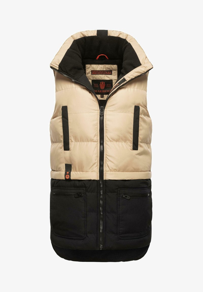 Bež i crni pufasti prsluk s visokim ovratnikom, patentnim zatvaračem, dva prednja džepa s patentnim zatvaračem i logotipom. Mekana tekstura s kviltanim dizajnom.