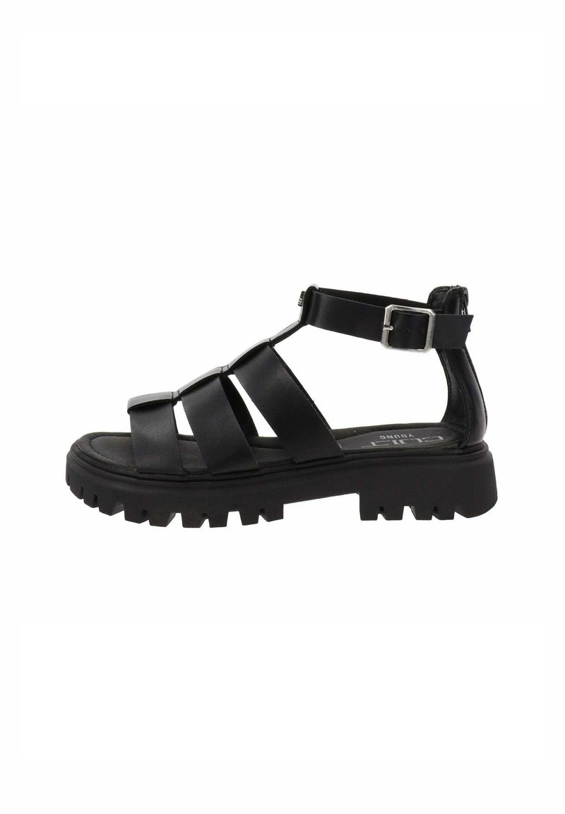 Sandali neri con cinturini, suola spessa, tomaia in pelle, cinturino alla caviglia regolabile e suola resistente per una buona aderenza. Design piatto e semplice dettaglio con fibbia.