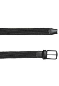 Cinturón de tela trenzada negra con acentos de cuero, que presenta una hebilla metálica rectangular. Superficie texturizada y extremos de cuero lisos.