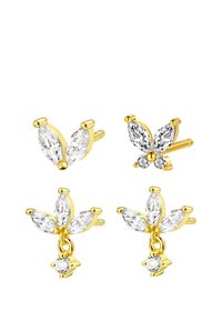 Orecchini in tono oro con cristalli trasparenti taglio marquise a forma di fiore. Comprendono uno stile a perno con un accento di cristallo pendente.