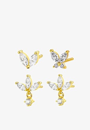 Gold-tone earrings featuring clear, marquise-cut crystals in floral designs. Includes stud style with a hanging crystal accent.