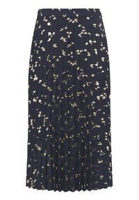 Jupe plissée bleu marine avec un motif de feuilles dorées. Fabriquée en tissu léger avec une taille élastique pour plus de confort.