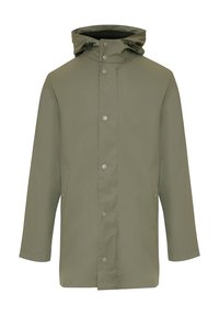 Veste olive avec capuche, dotée d'une fermeture à pressions, de deux poches latérales et d'une texture lisse et légèrement brillante.