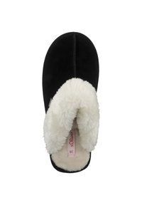 Black slipper with soft white faux fur lining, rounded toe, and stitch detailing. Interior features a logo tag.