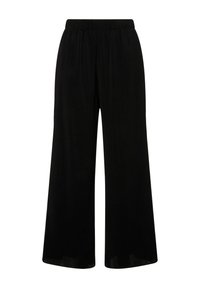 Pantaloni neri a gamba larga con vita elastica, caratterizzati da una texture plissettata e un design fluido a lunghezza intera. Nessuna chiusura visibile.