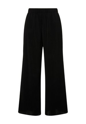 Schwarze, weite Hosen mit elastischem Bund, die eine plissierte Textur und ein langes, fließendes Design aufweisen. Keine sichtbaren Verschlüsse.