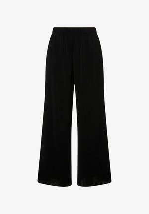 Pantaloni neri a gamba larga con vita elastica, caratterizzati da una texture plissettata e un design fluido a lunghezza intera. Nessuna chiusura visibile.