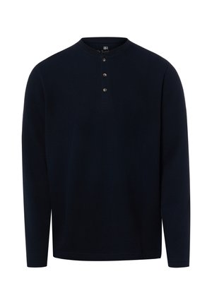 Langärmliges schwarzes Henley-Shirt mit drei Knöpfen und rundem Ausschnitt, dargestellt vor weißem Hintergrund.