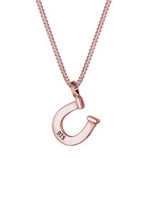 Halsband i roséguld med en krokformad hängande detalj. Hängande detaljen är stämplad med "925", vilket indikerar sterlingsilver, och har en glänsande, slät yta.