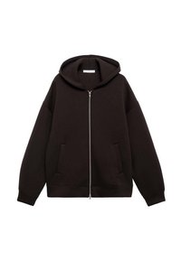 Sudadera con cremallera negra, hecha de un tejido suave y con un ajuste relajado, que incluye capucha con cordón y bolsillos frontales. Textura suave y diseño minimalista.