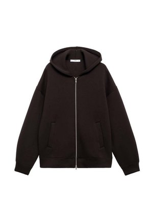 Sudadera con cremallera negra, hecha de un tejido suave y con un ajuste relajado, que incluye capucha con cordón y bolsillos frontales. Textura suave y diseño minimalista.