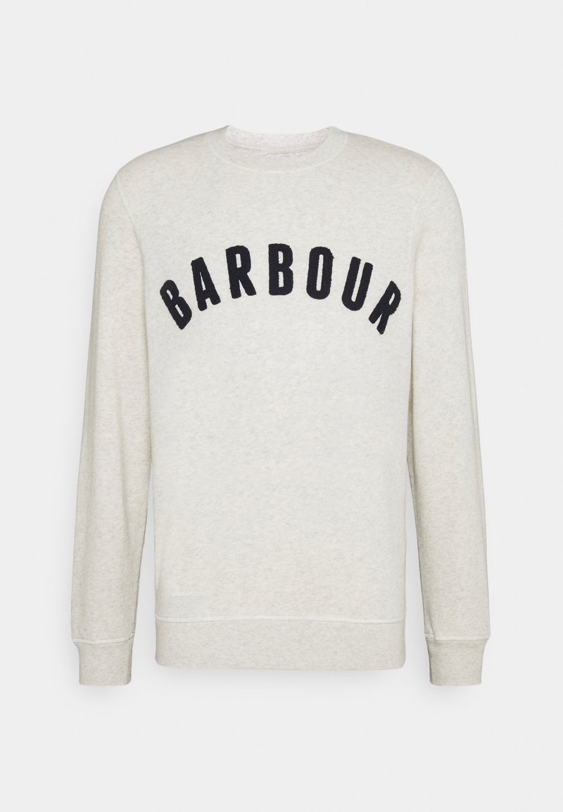 Sweat-shirt beige clair à manches longues et col rond avec texte noir "BARBOUR" en arc sur la poitrine, poignets et ourlet côtelés.