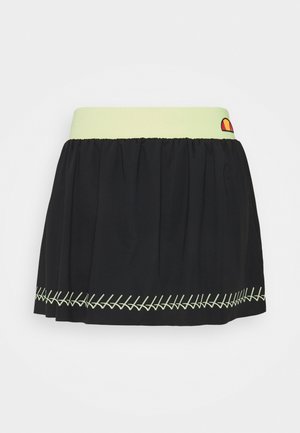 Zwarte rok met limoengroene tailleband en bijpassende stiksel langs de zoom, met een klein rond oranje en rood logo aan de taillebandzijde.