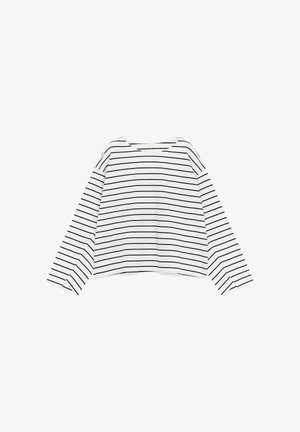 Chemise blanche à manches longues avec fines rayures horizontales noires et encolure ronde, présentée à plat sur un fond blanc.