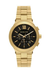 Orologio cronografo in acciaio inossidabile dorato con quadrante nero, indici delle ore dorati e display della data. Presenta una lunetta testurizzata e un design a bracciale a maglie.