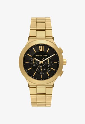 Gul rustfrit stål chronograph ur med sort skive, guld timemarkører og datovisning. Har en struktureret bezel og design med led-armbånd.