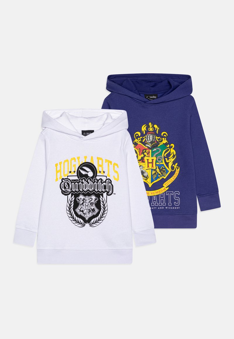 Two hoodies: one white with yellow "HOGWARTS Quidditch" text and black emblem; one navy blue with colorful Hogwarts crest and white text.