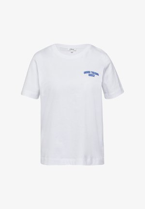 Weißes Baumwoll-T-Shirt mit kurzen Ärmeln und Rundhalsausschnitt, mit blauer Aufschrift "NUR GUTE ZEITEN" im linken Brustbereich.