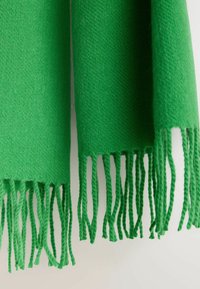 Écharpe en laine verte avec une surface texturée, présentant des bords frangés et un design uni. Légère et douce au toucher.