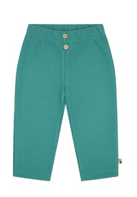Pantaloni in cotone turchese con un motivo a nido d'ape, dotati di due bottoni in legno in vita e di una piccola etichetta sul lato.