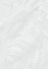 Weißer Stoff mit einem floralen Spitzenmuster, das kunstvolle Wirbel und Texturen aufweist, leicht durchsichtig mit einer glatten Oberfläche. Feine, helle Textur.
