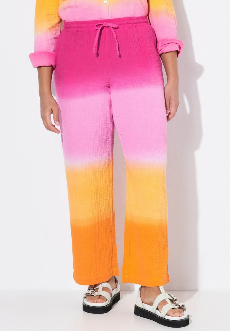 Multikleurige ombre broek, die overgaat van geel naar roze naar oranje, gemaakt van textiel met een gestructureerde stof, met een trekkoord in de taille en wijde benen.