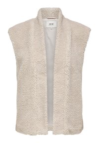 Lichtbeige mouwloze vest gemaakt van een gestructureerde, pluizige stof met een open voorkant en zonder sluitingen. Etiket zichtbaar binnenin.