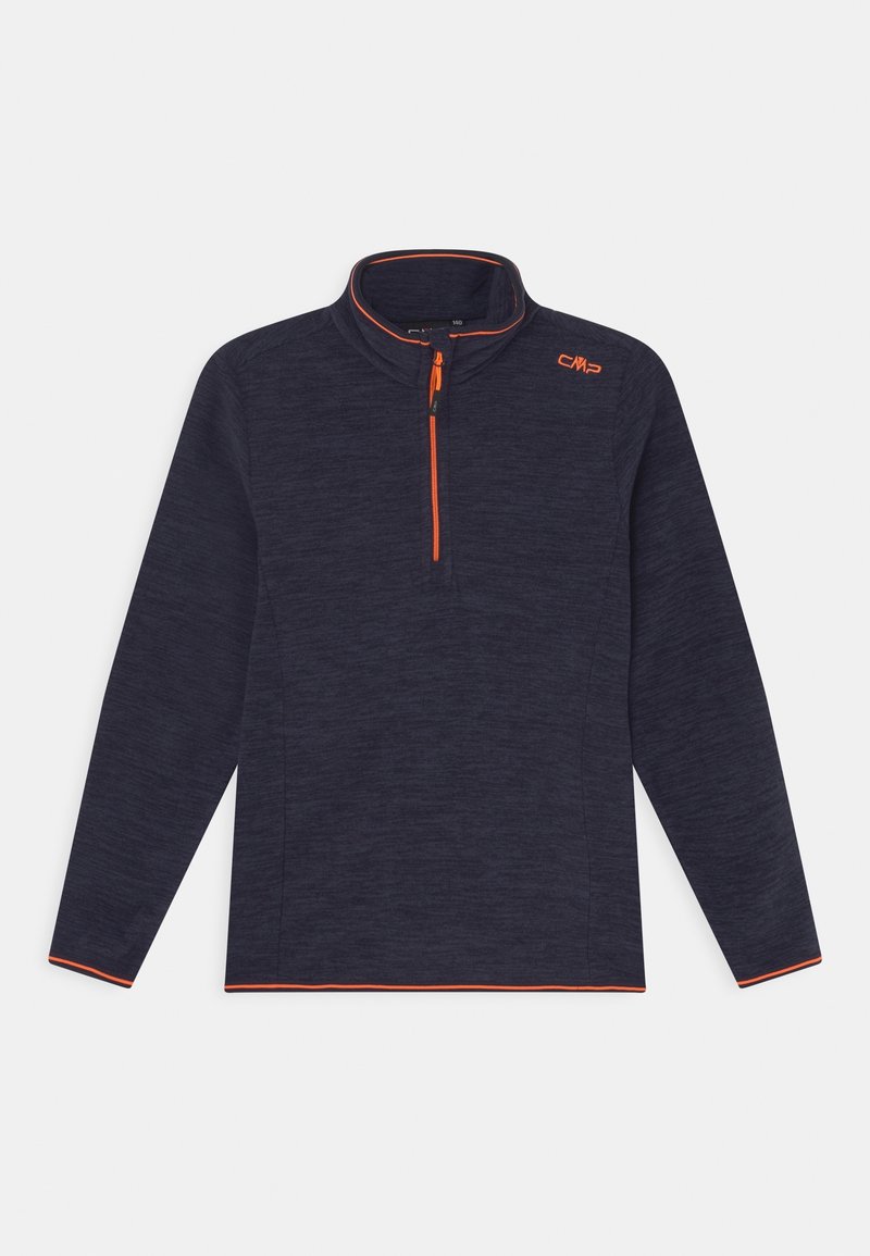 Tummansininen fleecetakki, jossa on neljännesvetoketju, kontrastivärinen oranssi vetoketju ja logo rinnassa. Pitkät hihat ja yksinkertainen muotoilu.