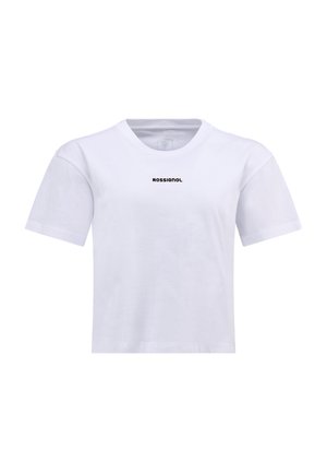 Witte katoenen t-shirt met korte mouwen, ronde halslijn, en zwart "ROSSIGNOL" tekstlogo gedrukt op het midden van de voorkant.